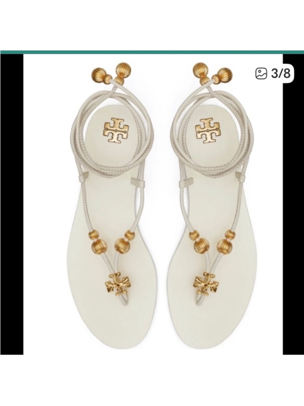 Tory Burch capri White Leather Wrap-Around Thong Sandals with Gold Bead Accents - Picture 2 of 2